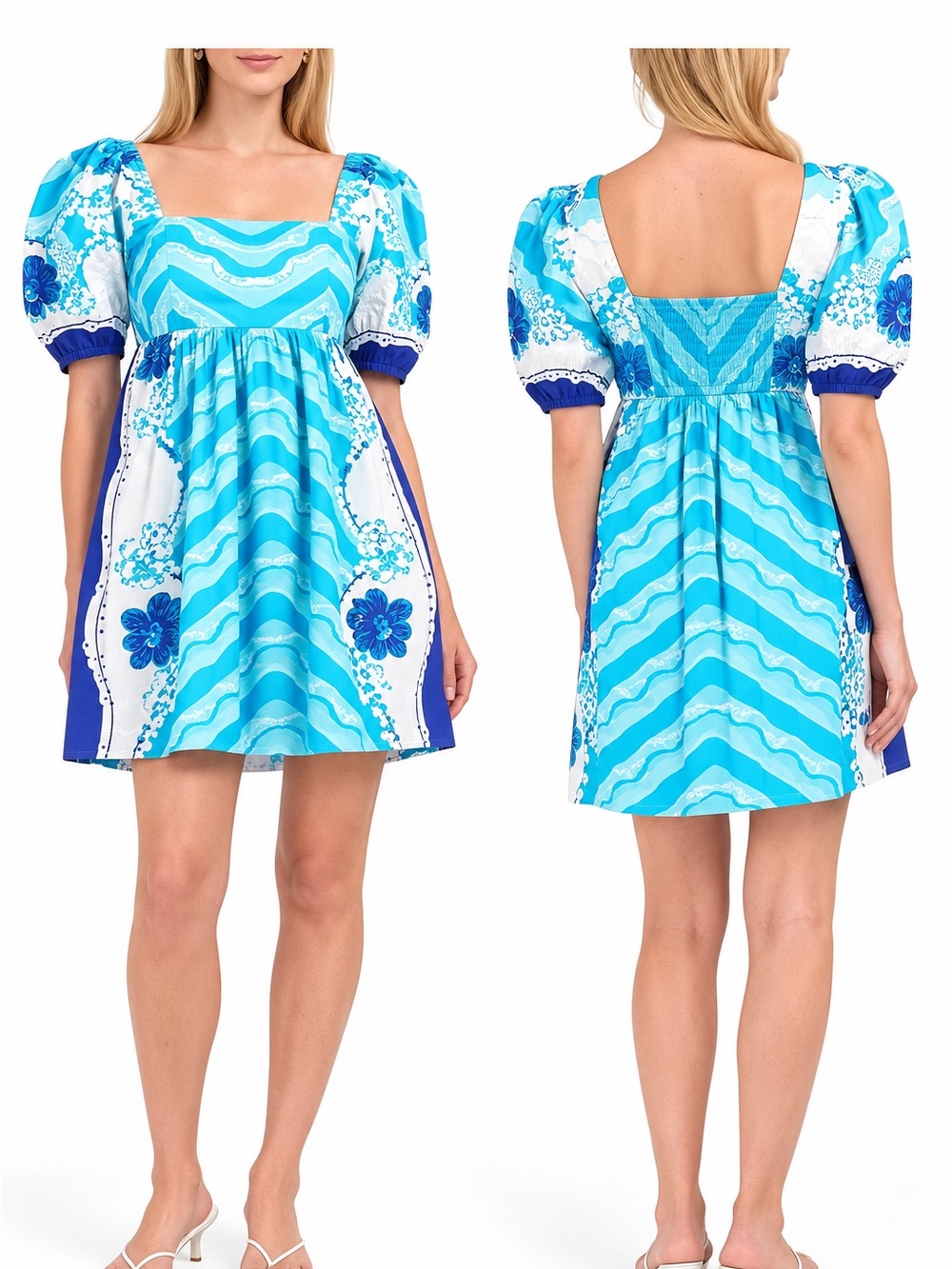 Celina Moon Blue Floral Puff Sleeve Mini Dress
Size Large NWT